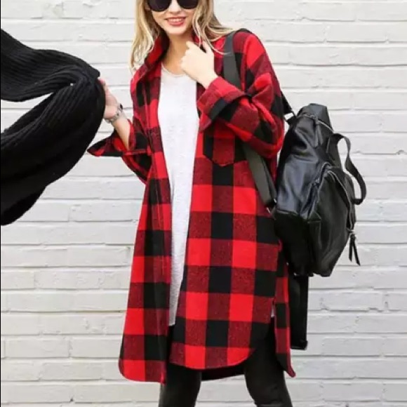 Long Oversized Buffalo Flannel Button Down Shirt - Picture 2 of 5